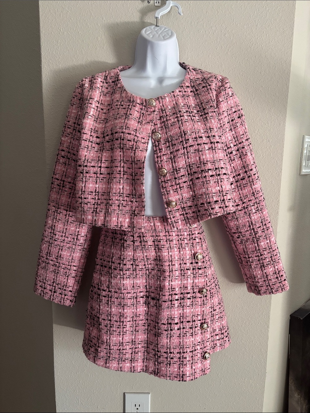 SHEIN Pink Tweed Cropped Blazer and Mini Skirt Set with Gold Buttons